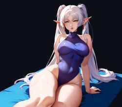 1girl absurdres bare_legs bare_shoulders black_background breasts commentary covered_navel earrings elf feet_out_of_frame frieren green_eyes halter_leotard halterneck high_ponytail highres jewelry large_breasts leaning_back legs leotard long_hair looking_at_viewer original out_of_frame parted_bangs pointy_ears ponytail sidelocks sitting solo thick_eyebrows thick_thighs thighs twintails upper_body very_long_hair walid_zouirech wet wet_clothes white_hair