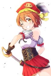 1girl black_corset black_gloves breasts corset cowboy_shot detached_sleeves gloves grin hat highres holding holding_sword holding_weapon hoshizora_rin looking_at_viewer love_live! love_live!_school_idol_project one_eye_closed orange_hair pirate pirate_hat pleated_skirt puffy_detached_sleeves puffy_sleeves red_skirt sen_(sen0910) short_hair simple_background skirt smile solo standing sword thighhighs weapon white_background yellow_eyes