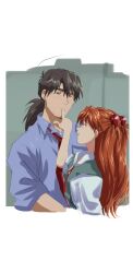 1boy 1girl age_difference amondetauro beard_stubble blue_shirt brown_hair facial_hair finger_to_another&#039;s_mouth grey_vest grin hetero highres interface_headset_(evangelion) kaji_ryouji long_hair mature_male neon_genesis_evangelion orange_hair ponytail school_uniform shirt smile souryuu_asuka_langley stubble tokyo-3_middle_school_uniform vest white_shirt