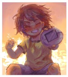 Rule 34 | 1boy, blush, brown hair, closed eyes, dark-skinned male, dark skin, grey shorts, grin, highres, kel (faraway) (omori), kel (omori), nat omogu, omori, parted lips, shirt, short hair, short sleeves, shorts, sitting, smile, solo, t-shirt, teeth, yellow shirt
