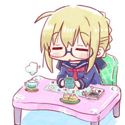 1girl :o =_= artoria_pendragon_(fate) blonde_hair blue-framed_eyewear blue_sailor_collar blue_shirt blush braid chair chibi closed_eyes commentary_request cup fate/grand_order fate_(series) game_boy glasses handheld_game_console holding holding_cup kasuga_yuuki mysterious_heroine_x_alter_(fate) on_chair parted_lips sailor_collar school_uniform semi-rimless_eyewear serafuku shirt simple_background sitting solo teapot under-rim_eyewear upper_body white_background yunomi
