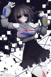 1girl adapted_costume aged_up alternate_universe bare_shoulders black_background black_skirt blunt_bangs bound breasts clothing_cutout colored_skin commentary core_frisk cowboy_shot english_commentary frisk_(undertale) genderswap genderswap_(otf) grey_hair grey_sweater high-waist_skirt highres hollow_eyes ko-fi_username large_breasts long_sleeves miniskirt nuvex paint_on_body paint_on_clothes puffy_long_sleeves puffy_sleeves short_hair shoulder_cutout simple_background skindentation skirt sleeves_past_wrists solo striped_clothes striped_sweater sweater sweater_tucked_in tied_up_(nonsexual) tumblr_username turtleneck turtleneck_sweater undertale watermark web_address white_background white_skin