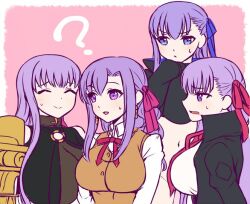 ? bb_(fate) black_coat blue_eyes breasts claw_(weapon) cleavage coat commentary_request cropped_jacket fate/grand_order fate/stay_night fate_(series) hair_ribbon homurabara_academy_school_uniform huge_breasts large_breasts matou_sakura meltryllis_(fate) navel o-ring o-ring_top passionlip_(fate) purple_eyes purple_hair ribbon sakura_five school_uniform see-through_cleavage see-through_clothes sweatdrop tanaka_gorbachev weapon