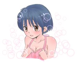 Rule 34 | 1girl, blue hair, blush, breasts, brown eyes, cleavage, hanamutsuki, lowres, ranma 1/2, short hair, tears, tendou akane