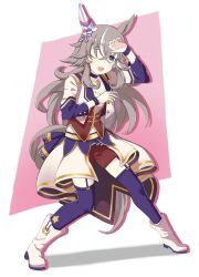 1girl alternate_costume animal_ears blue_eyes breasts commentary_request full_body grey_hair hair_ornament highres horse_girl horse_tail looking_at_viewer one_eye_closed open_mouth simple_background sketchyou1 solo starting_future_(umamusume) tail thick_eyebrows thighhighs umamusume wonder_acute_(umamusume)
