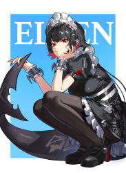 belt black_dress black_hair black_pantyhose black_shoes border candy chain character_name colored_inner_hair commentary dress ellen_joe fins fish_tail food frilled_dress frilled_wrist_cuffs frills hair_ornament hairclip head_rest highres lollipop lollipop_in_mouth looking_at_viewer maid maid_headdress metal_hairband metal_wrist_cuffs mole mole_under_eye multicolored_hair multiple_belts pantyhose puffy_short_sleeves puffy_sleeves red_eyes red_hair red_nails shark_girl shark_tail shoes short_sleeves sidelocks squatting symbol-only_commentary tail unconventional_maid white_border wrist_cuffs zenless_zone_zero zonotaida