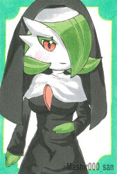 Rule 34 | 1girl, amaki mashiro, arm at side, artist name, black dress, black veil, blush, bob cut, border, breasts, clothed pokemon, colored eyelashes, colored skin, cowboy shot, dress, female focus, gen 3 pokemon, green border, green hair, green skin, hair over one eye, hand up, happy, highres, kirlia, large breasts, long dress, looking at viewer, multicolored skin, nintendo, nun, one eye covered, outside border, parted lips, pokemon, pokemon (creature), red eyes, short hair, simple background, smile, solo, standing, traditional media, twitter username, two-tone skin, veil, watermark, white background, white skin