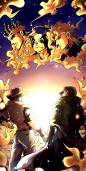 4boys absurdres animal animal_ears animal_nose black_coat black_hair black_hat blonde_hair brown_hat chain coat colored_skin gakuran ghost green_hair grey_pants hat high_collar highres iggy_(jojo) jojo_no_kimyou_na_bouken joseph_joestar joseph_joestar_(old) kakyoin_noriaki kuujou_joutarou long_sleeves mohammed_avdol morning multiple_boys noonvincent pants pink_shirt purple_eyes school_uniform shirt short_sleeves star_(sky) stardust_crusaders sunrise wristband yellow_skin