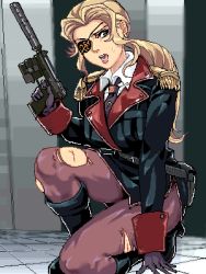 1girl black_boots blonde_hair boots epaulettes eyepatch female_focus gloves gun heckler_&amp;_koch jacket lowres military military_jacket military_uniform on_one_knee original pantyhose ponytail punpun solo torn_clothes torn_pantyhose weapon
