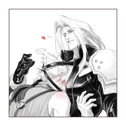 2boys absurdres armor between_pectorals black_gloves blush chest_strap cloud_strife final_fantasy final_fantasy_vii gloves green_eyes head_on_chest heart highres long_hair looking_at_another male_focus mu_wen_jie multiple_boys pauldrons pectorals sephiroth short_hair shoulder_armor shoulder_blush slit_pupils spiked_hair yaoi