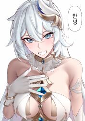 Rule 34 | 1girl, absurdres, bare shoulders, benghuai xueyuan, blue eyes, breasts, commentary request, dress, gloves, hand on own chest, highres, honkai (series), kiana kaslana, korean commentary, korean text, large breasts, long hair, looking at viewer, pyeong il, smile, solo, speech bubble, translation request, upper body, very long hair, white dress, white gloves