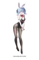 1girl absurdres alternate_costume animal_ears arm_belt armpit_crease artist_name bare_shoulders belt black_belt black_leotard black_shoes blue_eyes blue_hair breasts character_name cleavage collarbone commentary contrapposto covered_navel cuffs english_text facial_mark fake_animal_ears full_body hair_between_eyes handcuffs hatsune_miku high_heels highres leotard looking_at_viewer medium_breasts multicolored_hair necktie pink_belt pink_hair pink_necktie r_aeel rabbit_ears rabbit_hole_(vocaloid) shoes short_necktie solo spaghetti_strap symbol-only_commentary thigh_belt thigh_strap twintails two-tone_hair vocaloid wristband