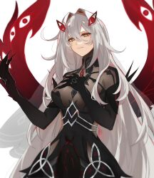 1girl absurdres breasts commentary cowlick english_commentary eye_hair_ornament eye_symbol fingernails frown genshin_impact hair_between_eyes hair_intakes hair_ornament hairukon highres long_hair looking_at_viewer ronova_(genshin_impact) sharp_fingernails simple_background solo symbol-shaped_pupils very_long_fingernails very_long_hair white_background white_hair wings yellow_eyes