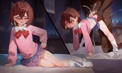 1boy 1girl 2koma age_difference aged_down ahegao all_fours ass ayase_momo bed before_and_after blue_skirt blush bow bowtie brown_eyes brown_hair clothes_lift comic cum cum_on_ass cum_on_body cum_overflow dandadan dark-skinned_male dark_skin drooling earrings ejaculation eyelashes flat_chest grabbing_another&#039;s_ass groping half-closed_eyes hetero indoors interracial jewelry leaning_to_the_side lifting_own_clothes loli long_sleeves looking_at_viewer matching_hair/eyes medium_hair mesugaki motion_lines naughty_face night no_panties on_bed open_mouth panties pantyshot pink_sweater red_bow red_bowtie rolling_eyes rough_sex saliva sex sex_from_behind shirt silent_comic sitting size_difference skirt skirt_lift smug socks sweater sweater_lift teeth textless_version tongue tongue_out underwear upper_teeth_only very_dark_skin white_panties white_shirt white_socks window yoko-chan_(mijizukeyoko) yokozuwari