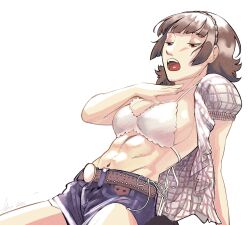 1girl belt belt_buckle bikini black_hair blue_shorts bracelet breasts brown_belt buckle chiaroscuro4eva cosplay denim denim_shorts hairband highres jewelry kwon_eun-bi kwon_eun-bi_(cosplay) large_breasts navel niijima_makoto open_mouth persona persona_5 photo-referenced plaid_clothes plaid_shirt real_life red_eyes red_shirt shirt shorts simple_background solo swimsuit white_background white_bikini white_hairband