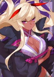 Rule 34 | blonde hair, breasts, cleavage, coat, commission, dark-skinned female, dark skin, fur trim, highres, itou ittousai (sengoku bushouki muramasa), large breasts, pink eyes, purple background, rope, sengoku bushouki muramasa, sheath, shiny skin, skeb commission, solo, source request, thigh strap, waka (shark waka)