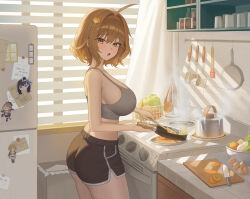 1girl ahoge anis_(nikke) ass black_shorts breasts brown_eyes brown_hair commentary cooking cutting_board dolphin_shorts egg food frying_pan goddess_of_victory:_nikke grey_tank_top hair_between_eyes hair_intakes highres holding holding_frying_pan holding_spatula indoors kitchen kitchen_hood kitchen_knife large_breasts looking_at_viewer magnet marian_(nikke) midriff open_mouth refrigerator short_hair short_shorts shorts sideboob solo spatula stove tank_top thighs welsh_(wel_sh) window_shadow