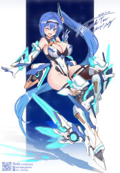 1girl an-chang armored_boots armored_leotard bare_shoulders blue_eyes blue_hair blush boots breasts cleavage commission covered_navel dated elbow_gloves full_body gloves highleg highres large_breasts leotard long_hair looking_at_viewer mecha_musume mechanical_legs one_eye_closed open_mouth original ponytail qr_code science_fiction side_ponytail skeb_commission smile solo thighhighs v very_long_hair w white_gloves white_leotard