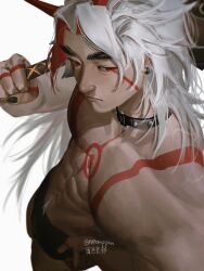 1boy abs absurdres arataki_itto artist_name bara black_male_underwear boxers choker closed_mouth club_(weapon) earrings from_above genshin_impact highres holding holding_club holding_weapon horns jewelry male_focus male_underwear multicolored_hair muscular muscular_male nail_polish navel noomppan oni over_shoulder pectorals spiked_choker spikes topless_male translation_request underwear weapon weapon_over_shoulder white_background