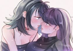 2girls bang_dream! bang_dream!_it&#039;s_mygo!!!!! black_camisole black_hair black_shirt blue_eyes blush breasts brown_hair camisole cleavage collar ear_piercing highres long_hair mole mole_under_eye multiple_girls parted_lips piercing purple_eyes red_collar shiina_taki shirt signature solo sweatdrop white_background yahata_umiri yoyoray20001996 yuri