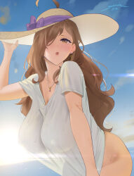 Rule 34 | 1girl, ahoge, blue sky, blush, bottomless, breasts, brown eyes, brown hair, female focus, hair over one eye, hat, highres, kono subarashii sekai ni shukufuku wo!, large breasts, long hair, looking at viewer, matching hair/eyes, open mouth, see-through clothes, see-through shirt, sendo (sendrawz), shirt, short sleeves, sky, solo, sun hat, white shirt, wiz (konosuba)
