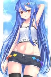 1girl arm_up armpits bare_arms bare_shoulders black_shorts black_thighhighs blue_hair blue_sky blush breasts camisole cloud commentary_request crop_top day food-themed_hair_ornament groin hair_between_eyes hair_ornament hairclip hand_in_own_hair highleg highleg_panties highres hinanawi_tenshi long_hair looking_at_viewer navel open_mouth panties panties_under_shorts peach_hair_ornament red_eyes short_shorts shorts skindentation sky small_breasts small_sweatdrop solo standing sweat thighhighs touhou underwear uumaru very_long_hair white_camisole white_panties