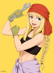 1girl absurdres artist_name bandana bare_arms bare_shoulders biceps blonde_hair blue_eyes braid braided_ponytail breasts collarbone crop_top ear_piercing fullmetal_alchemist gloves green_gloves highres holding holding_wrench long_hair looking_at_viewer low_ponytail medium_breasts navel open_mouth piercing ponytail red_bandana rosie_the_riveter signature simple_background smile solo standing stayaliveplz tank_top teeth very_long_hair winry_rockbell wrench yellow_background