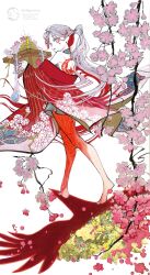 Rule 34 | 1girl, absurdres, back tattoo, barefoot, different shadow, floral print, flower, full body, grey hair, highres, japanese clothes, kimono, long hair, looking at viewer, original, petals, red kimono, shiguretau, solo, tattoo, traditional media, very long hair, walking, white eyes