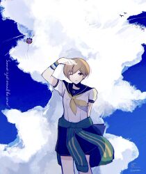 1girl absurdres balloon bird black_skirt blue_sky brown_eyes brown_hair clothes_around_waist cloud commentary_request english_text green_jacket highres jacket jacket_around_waist kuma_(persona_4) long_sleeves neckerchief one_eye_closed persona persona_4 satonaka_chie school_uniform seyochan shirt short_hair skirt sky white_shirt yasogami_school_uniform yellow_neckerchief