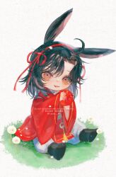 1boy :3 aged_down ahoge alternate_costume alternate_hairstyle animal_ears apple black_boots black_hair blush boots brown_eyes child chinese_clothes closed_mouth dandelion eating flower food fruit full_body grass hair_ribbon hairband hands_up hanfu highres holding holding_food holding_fruit kemonomimi_mode long_sleeves looking_at_viewer medium_hair modao_zushi ojisan_rbt on_grass open_mouth pants parted_bangs rabbit_boy rabbit_ears red_eyes red_hairband red_hanfu red_ribbon ribbon simple_background sitting smile solo tassel twitter_username watermark wei_wuxian white_background white_flower white_pants wide_sleeves yaopei