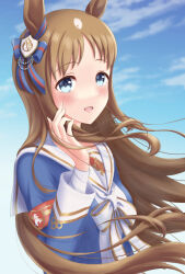 1girl animal_ears armband blue_eyes bow bowtie brown_hair ear_bow from_side grass_wonder_(umamusume) horse_ears horse_girl ichimai_(apieceof_ray151) long_hair long_sleeves looking_at_viewer looking_to_the_side open_mouth red_armband sailor_collar smile solo umamusume upper_body white_bow white_bowtie white_sailor_collar