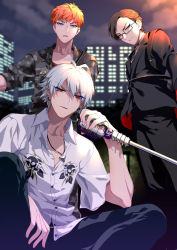 3boys aohitsugi_samatoki black_pants brown_hair building busujima_rio_mason ear_piercing formal_clothes glasses highres holding holding_microphone hypnosis_mic iruma_jyuto jewelry looking_at_viewer male_focus microphone mikura_(miraclemicro) multiple_boys necklace night orange_hair outdoors pants piercing pocket red_eyes shirt squatting suit white_hair white_shirt