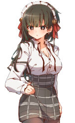 1girl absurdres bell black_eyes black_hair breasts bright_pupils brown_pantyhose cleavage collared_shirt commentary_request cowboy_shot dress_shirt grey_skirt hair_ribbon hand_on_own_hip high-waist_skirt highres jingle_bell kimi_wa_meido-sama large_breasts long_hair long_sleeves maid_headdress neck_ribbon nyaa_(nnekoron) pantyhose parted_lips plaid_clothes plaid_skirt red_ribbon ribbon shirt simple_background skirt solo standing strap_slip undone_neck_ribbon white_background white_pupils white_shirt yuki_(kimi_wa_meido-sama)