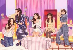 5girls ^_^ artduchin black_pantyhose blunt_bangs brown_hair closed_eyes commentary english_commentary full_body hair_bun high_heels highres indoors irene_(red_velvet) joy_(red_velvet) k-pop kneeling long_hair long_sleeves multiple_girls pantyhose real_life red_velvet_(group) seulgi_(red_velvet) short_hair sitting sleeveless smile wendy_(red_velvet) yeri_(red_velvet)