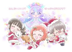 3boys 5girls blue_eyes blush brown_hair cat chibi christmas closed_eyes daifuku_(precure) dog dress elbow_gloves eyelashes frills glasses gloves hat holly inukai_komugi inukai_komugi_(dog) long_hair mehmeh_(wonderful_precure!) merry_christmas multicolored_hair multiple_boys multiple_girls nekoyashiki_mayu nekoyashiki_yuki nekoyashiki_yuki_(cat) nia_rei nico-sama orange_hair precure purple_hair rabbit red-framed_eyewear red_dress red_eyes ribbon santa_costume santa_hat sheep streaked_hair tiara toyama_satoru white_gloves wonderful_precure!