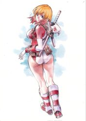 1girl ass ass_focus belt blonde_hair blue_eyes breasts from_behind gloves gwenpool katana leotard looking_at_viewer looking_back marvel medium_breasts multicolored_hair pink_hair pink_leotard red_footwear ro_yoshimiya sheath sheathed shoes short_hair smile sneakers standing sword two-tone_hair weapon white_gloves