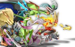 absol arcanine blaziken charizard creatures_(company) doublade dual_wielding floating flyaspring4 flygon furry gallade game_freak gen_1_pokemon gen_3_pokemon gen_4_pokemon gen_5_pokemon gen_6_pokemon goodra highres holding holding_sword holding_weapon leaning_forward legendary_pokemon levitation lucario magneton mega_blaziken mega_charizard_x mega_pokemon nintendo pikachu pokemon pokemon_(creature) rotom rotom_(normal) sword virizion weapon