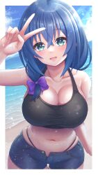 1girl absurdres bare_shoulders beach black_sports_bra blue_eyes blue_hair blue_shorts blush border bow breasts cleavage cloud collarbone commentary_request cowboy_shot crossed_bangs denim denim_shorts hair_between_eyes hair_bow halterneck hand_up highres indie_virtual_youtuber large_breasts long_hair looking_at_viewer midriff navel ocean outside_border panty_straps purple_bow sand senno_inori short_shorts shorts sky smile solo sports_bra tanu_(ace_ikachan) thigh_gap v v_over_head virtual_youtuber white_border