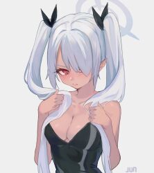 1girl absurdres bare_shoulders blue_archive blush breasts cleavage closed_mouth dark-skinned_female dark_skin grey_hair grey_halo hair_over_one_eye halo highres iori_(blue_archive) jun_daniell leotard long_hair looking_at_viewer playboy_bunny pointy_ears red_eyes shy simple_background solo twintails upper_body