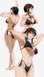 1girl absurdres ass back barefoot bikini black_bikini black_hair blush breasts cleavage curvy hairband highres jewelry large_breasts looking_at_viewer looking_to_the_side multiple_views navel red_eyes side-tie_bikini_bottom sidelocks spy_x_family stomach swimsuit thick_thighs thighs tommy_(kingdukeee) underboob white_background yor_briar