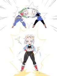 3girls abs android_18 belt black_choker black_pants black_sports_bra blonde_hair blue_eyes blue_jacket blue_leggings blue_mary boots cammy_white capcom choker color_connection cropped_jacket crossover dragon_ball dragonball_z fatal_fury female_focus fingerless_gloves fusion fusion_dance gloves high_heels highres jacket jewelry leggings look-alike midriff multiple_crossover multiple_girls muscular open_clothes open_jacket pants pantyhose pelvic_curtain red_footwear redeye_rei shoes short_hair simple_background smile snk sports_bra standing street_fighter street_fighter_6 the_king_of_fighters trait_connection transformation white_background