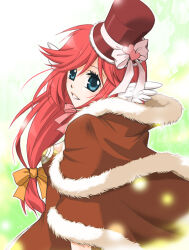 1girl blue_eyes bow breasts brown_cape brown_dress brown_hat cape commentary_request dress feathered_wings fur-trimmed_cape fur-trimmed_headwear fur_trim green_background hat hat_bow head_wings high_wizard_(ragnarok_online) long_hair looking_at_viewer looking_back medium_breasts ragnarok_online red_hair shiikasan smile solo top_hat upper_body white_bow white_wings wings