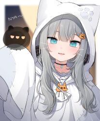 Rule 34 | 1girl, amashiro natsuki, animal ears, blue eyes, blush, cat ears, cat girl, cat hair ornament, ghost costume, grey hair, hair ornament, halloween, halloween costume, happy, happy halloween, indie virtual youtuber, light smile, long hair, nachoneko, open mouth, paw print, smile, virtual youtuber