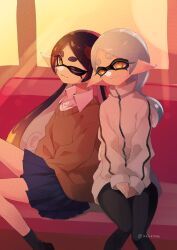 2girls artist_name black_pants blue_skirt brown_sweater callie_(splatoon) closed_mouth collared_shirt commentary_request cousins eyelashes grey_hair highres inkling jacket kainesato long_hair marie_(splatoon) mole mole_under_eye multiple_girls nintendo official_alternate_costume one_eye_closed pants pleated_skirt pointy_ears shirt sitting skirt smile splatoon_(series) splatoon_3 sweater tentacle_hair thick_eyebrows twitter_username very_long_hair white_jacket yellow_eyes zipper