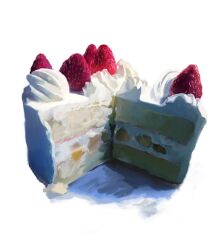cake food food_focus fruit highres no_humans original painterly sara_(srsrmrmr) simple_background still_life strawberry strawberry_shortcake white_background