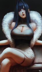 1girl absurdres alternate_costume blue_eyes blue_hair breasts china_dress chinese_clothes cleavage closed_mouth dress ear_piercing earrings fur_shawl grey_dress hair_intakes highres hololive hololive_english huge_breasts jewelry long_hair necklace ouro_kronii piercing red_lips shawl solo steb thigh_strap virtual_youtuber