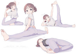 Rule 34 | 1girl, absurdres, ass, barefoot, brown hair, closed eyes, expressionless, feet, flat chest, full body, goshichi shoji, hands on feet, highres, looking at viewer, multiple views, ookawa ina, original, pants, pigeon pose, ponytail, purple eyes, shirt, short hair, short ponytail, smile, soles, stretching, toes, yoga, yoga pants