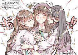 Rule 34 | !?, 3girls, 4th live dream ~bloom the dream believers~, animification, black hair, brown hair, collared dress, commentary request, contrast collar, dress, flower, group hug, hair flower, hair ornament, hanamiya nina, hashtag, highres, holding, holding microphone, hug, link! like! love live!, long hair, long sleeves, love live!, meiji (mosamoo3), microphone, multiple girls, pink dress, real life, red flower, sasaki kotoko, short sleeves, simple background, star (symbol), star hair ornament, tassel, tassel hair ornament, tsukine kona, twitter username, two side up, voice actor, white background