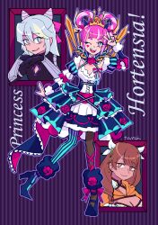 Rule 34 | 1boy, 2girls, absurdres, aqua pantyhose, blue hair, blunt bangs, breasts, brown hair, character name, cleavage, cross-laced clothes, cross-laced dress, dress, facial mark, fire emblem, fire emblem engage, folded twintails, fur wrist cuffs, goldmary (fire emblem), hair flaps, hair rings, heart, heart facial mark, highres, hortensia (fire emblem), looking at viewer, medium breasts, multicolored hair, multicolored tiara, multiple girls, nintendo, open mouth, pantyhose, pink eyes, pink hair, rosado (fire emblem), sidelocks, smile, solo focus, striped clothes, striped dress, tovrch, trap, two-tone hair, two-tone pantyhose, vertical-striped clothes, vertical-striped dress, wrist cuffs
