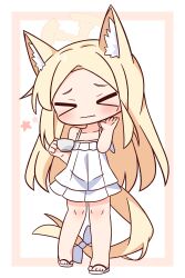 &gt;_&lt; 1girl absurdres animal_ear_fluff animal_ears bare_arms bare_shoulders blonde_hair blue_archive blush bow brown_background chibi closed_eyes closed_mouth collarbone cup dress facing_viewer forehead fox_ears fox_girl fox_tail full_body halo hana_kazari hand_up highres holding holding_cup large_variant_set long_hair parted_bangs sandals seia_(blue_archive) sleeveless sleeveless_dress solo standing star_(symbol) tail tail_bow tail_ornament two-tone_background variant_set very_long_hair wavy_mouth white_background white_bow white_dress white_sandals